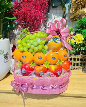 GIỎ TRÁI CÂY QUÀ TẶNG nơ hồng 
